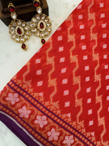 Banarasi Pure Cotton Saree | Red | Gold Zari | Handwoven | Ships from California